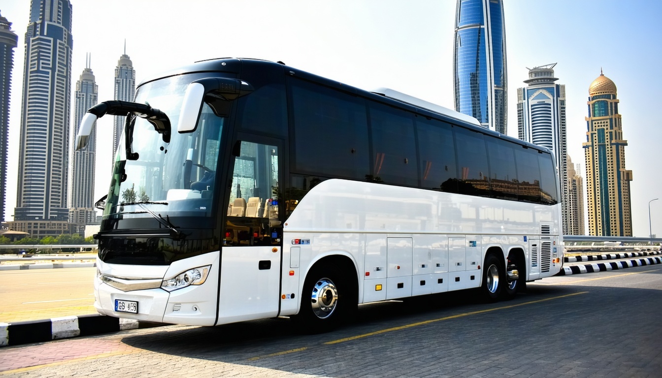 Luxury tour bus parked near Dubai skyline