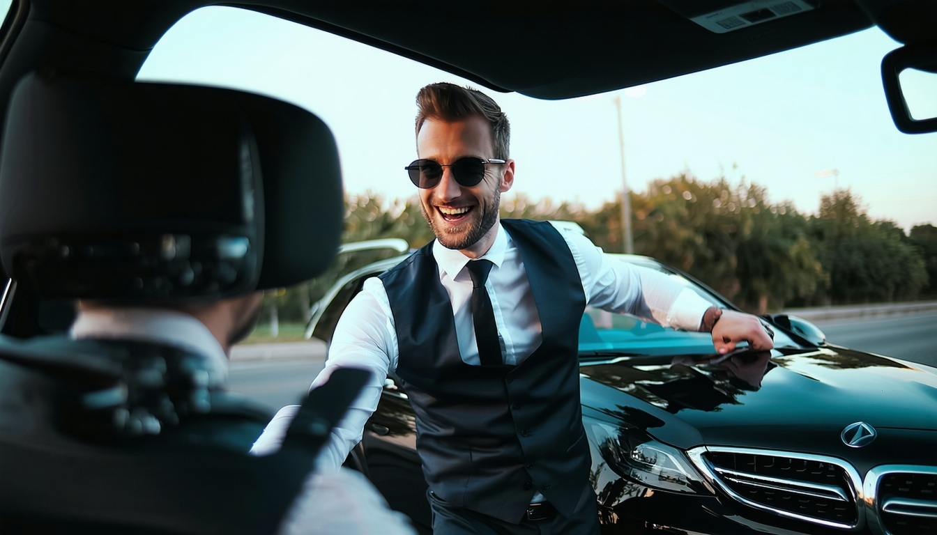 Professional chauffeur assisting travellers